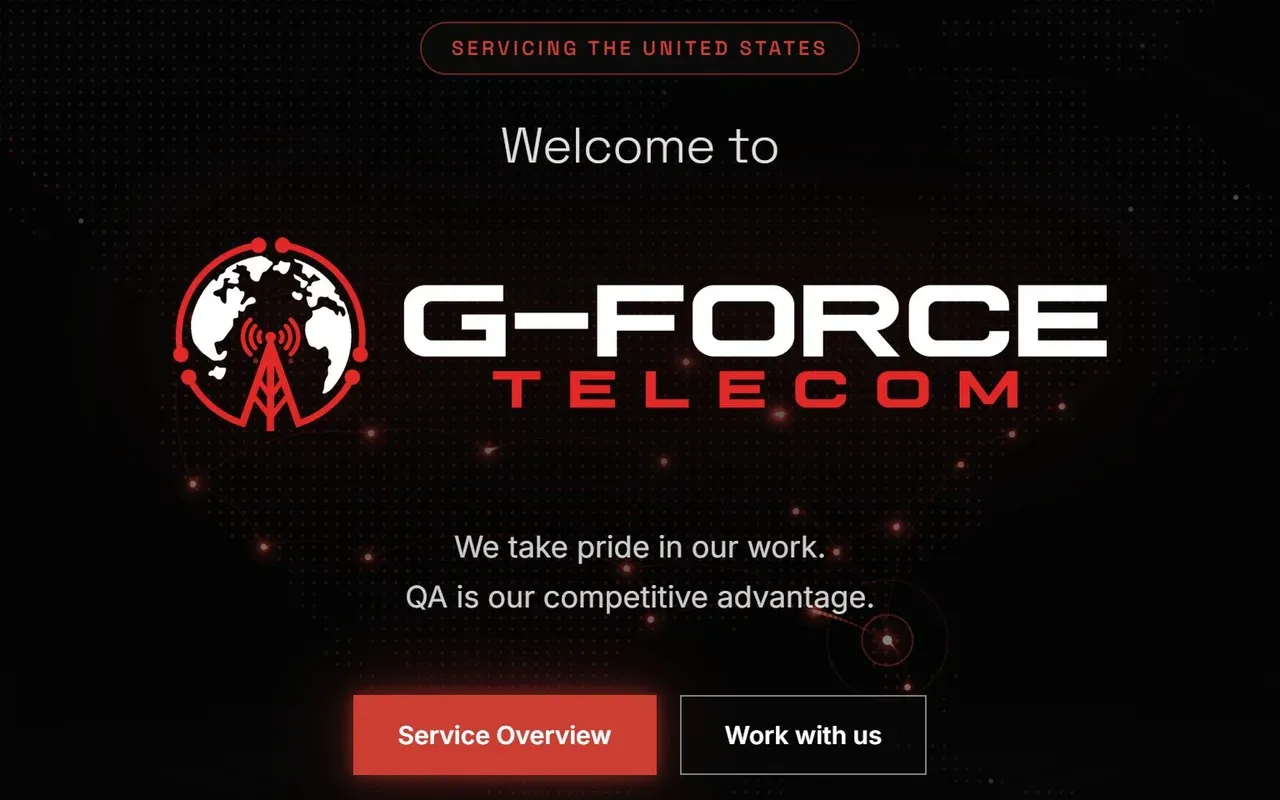 The top of the gforcetelecom.com home page: “Welcome to G-Force Telecom” over a red network map, “We take pride in our work. QA is our competitive advantage.” and the Service Overview and Work with us buttons