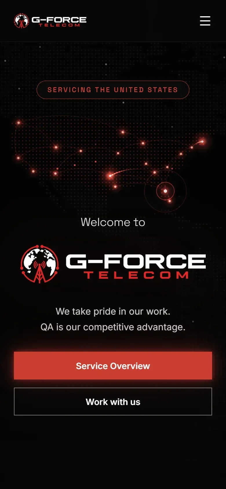 G-Force Telecom home page on a phone, with the US network map above the logo