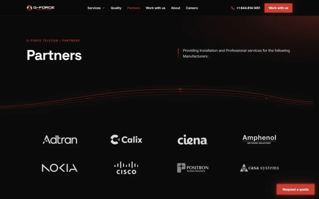 G-Force Telecom Partners page with manufacturer logos, desktop