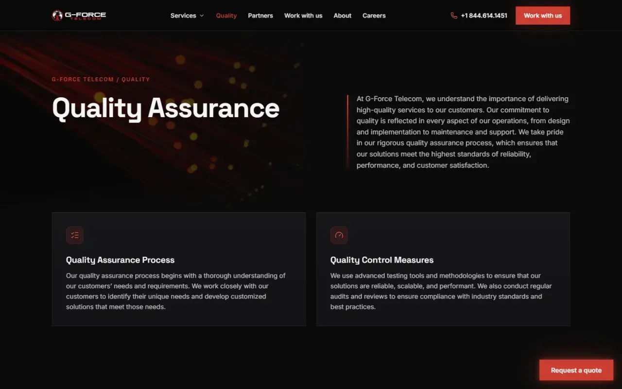 G-Force Telecom Quality Assurance page, desktop