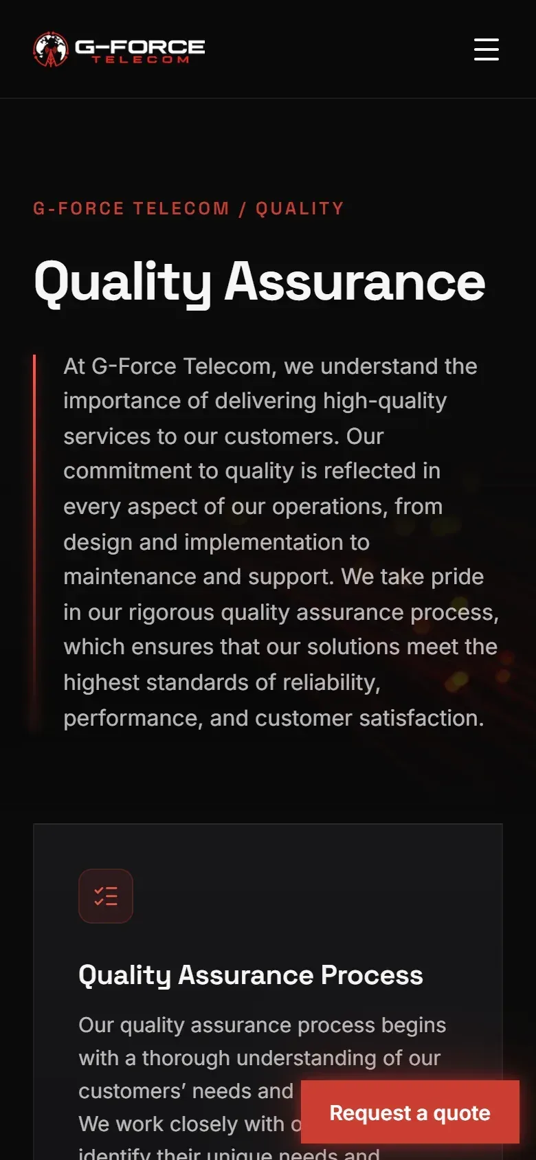 G-Force Telecom Quality Assurance page on a phone