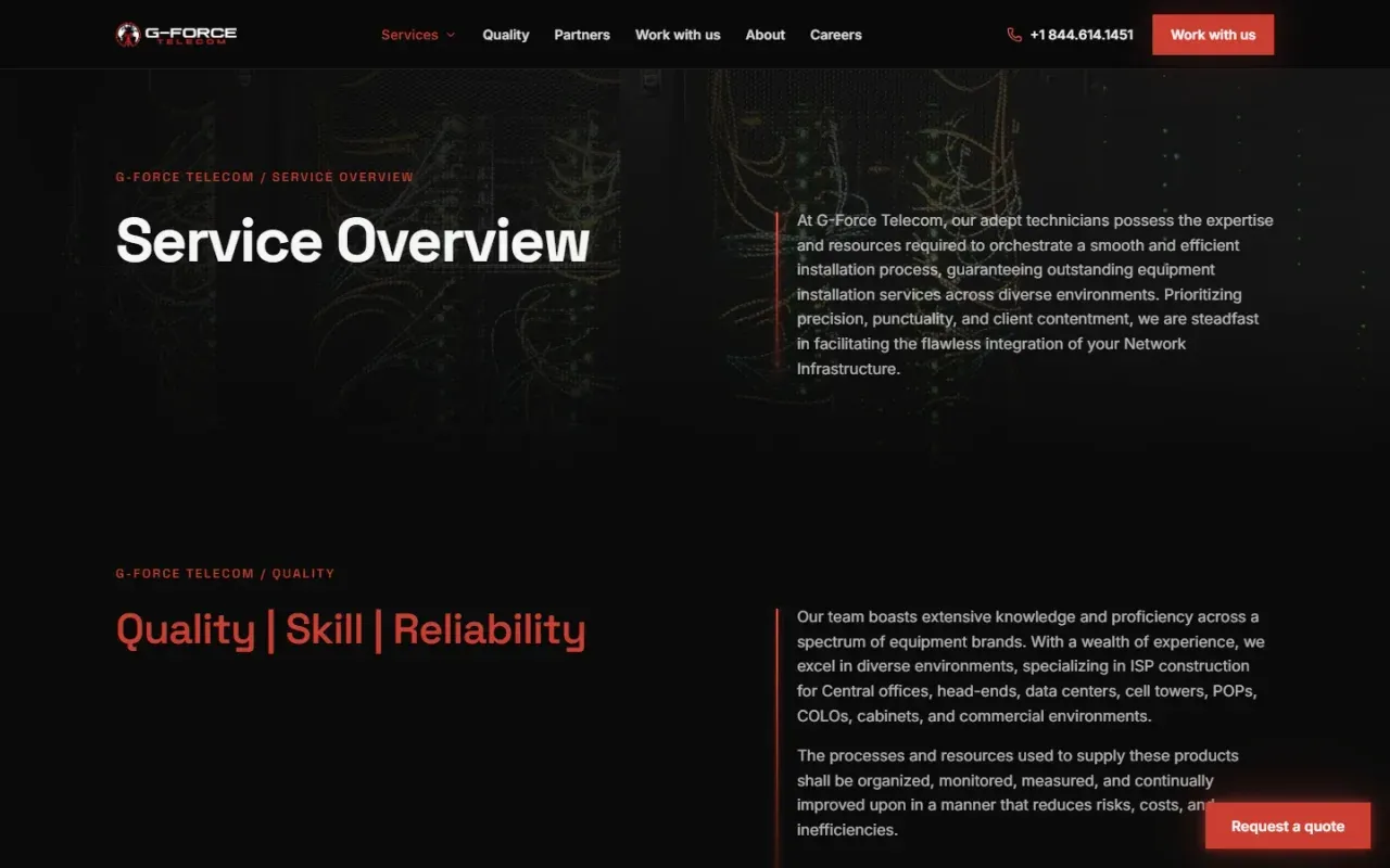 G-Force Telecom Service Overview page on the live site