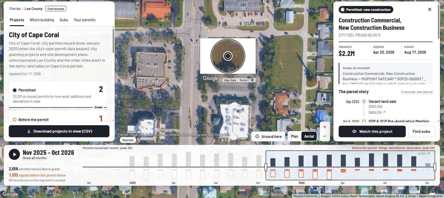 Axis Groundbreak’s parcel story for a lot on Del Prado Blvd S in Cape Coral: its land sale, pre-application meeting and new commercial permit.