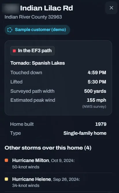 Axis Storm’s card for a sample customer’s home on Indian Lilac Rd in Indian River County, house number obscured, in the Spanish Lakes tornado’s path.