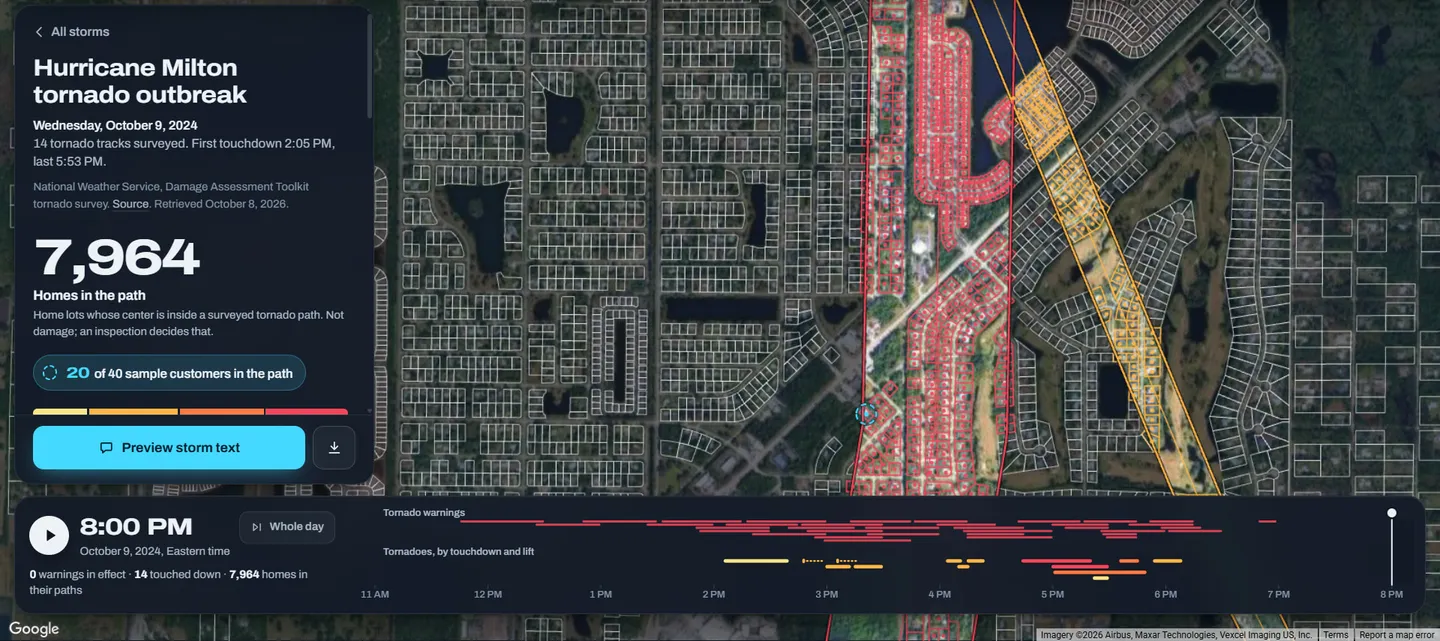 Axis Storm’s homes in the path at street level, where the Fort Pierce tornado’s path crosses the Spanish Lakes tornado’s; one sample customer ringed.