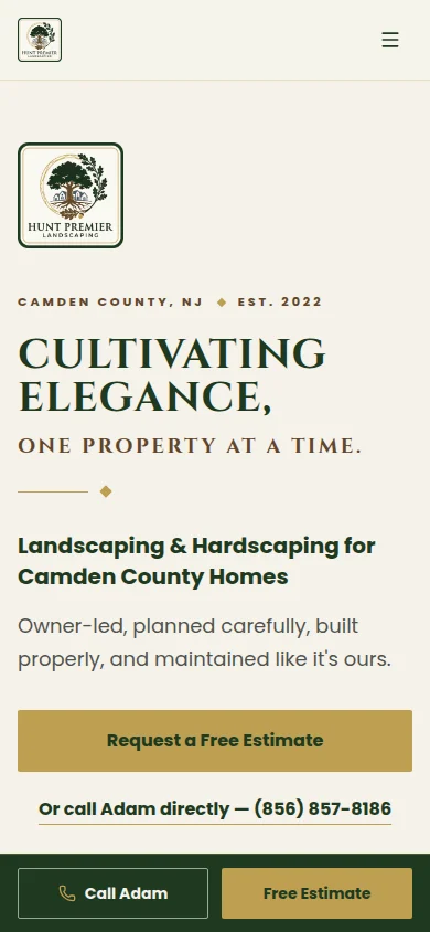 Hunt Premier Landscaping: Home — new site on a phone